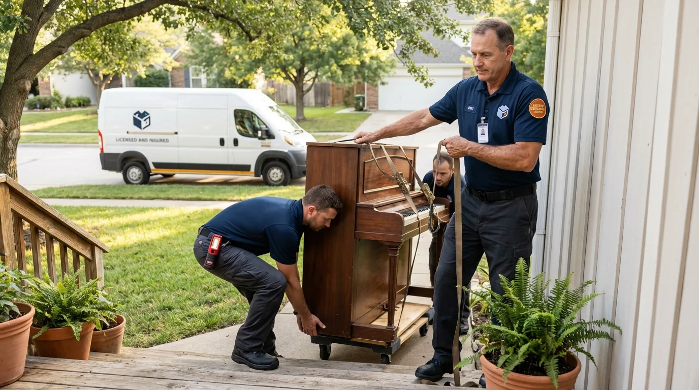 Licensed piano movers securing grand piano in Smithtown, NY